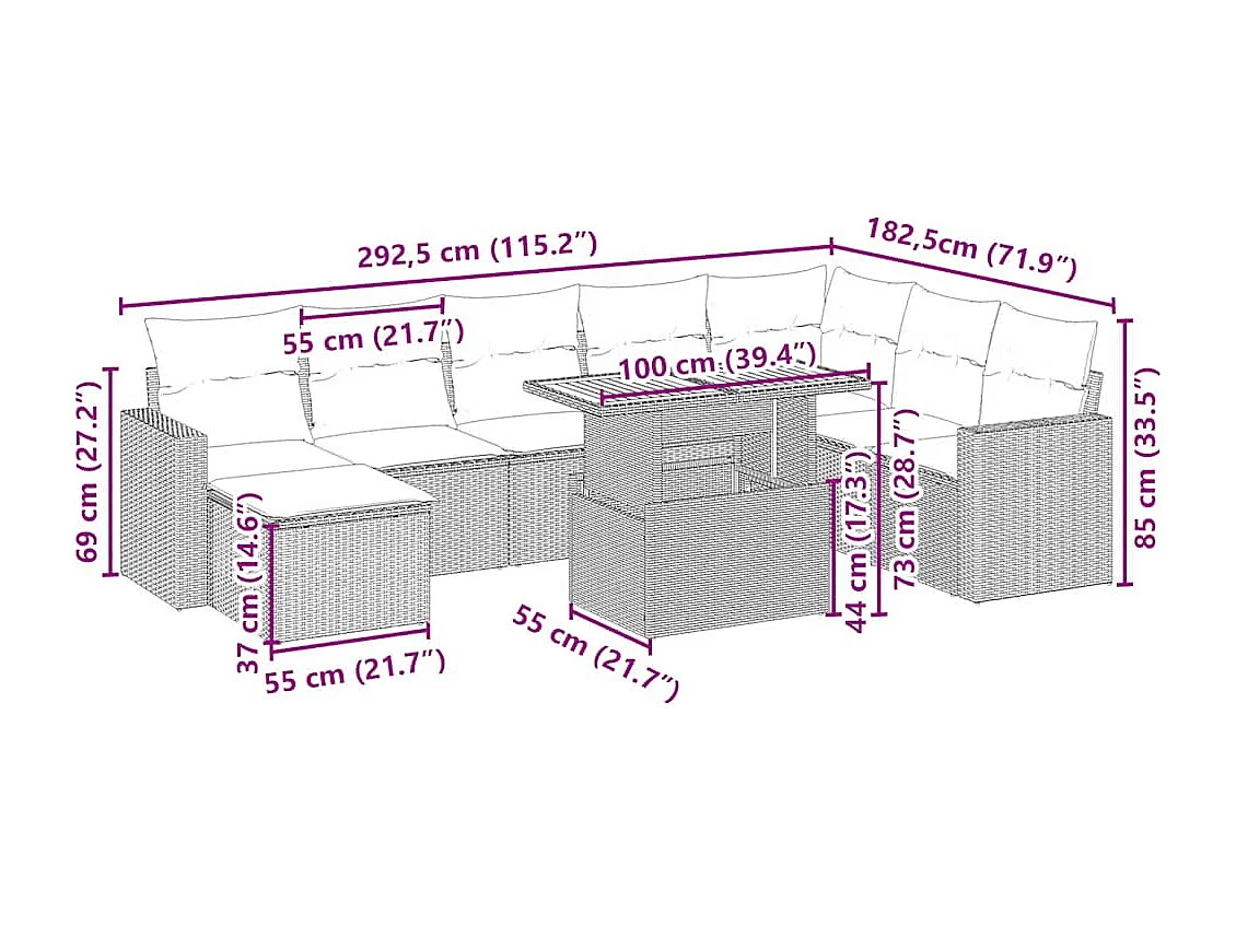 Salon de jardin avec coussins 9 pcs beige résine tressée