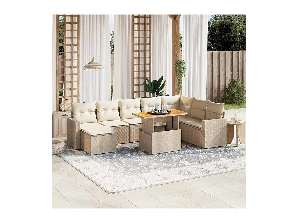 Set Divano da Giardino 9 pz con Cuscini Beige in Polyrattan