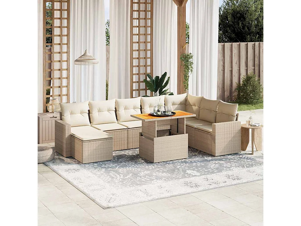 Salon de jardin avec coussins 9 pcs beige résine tressée