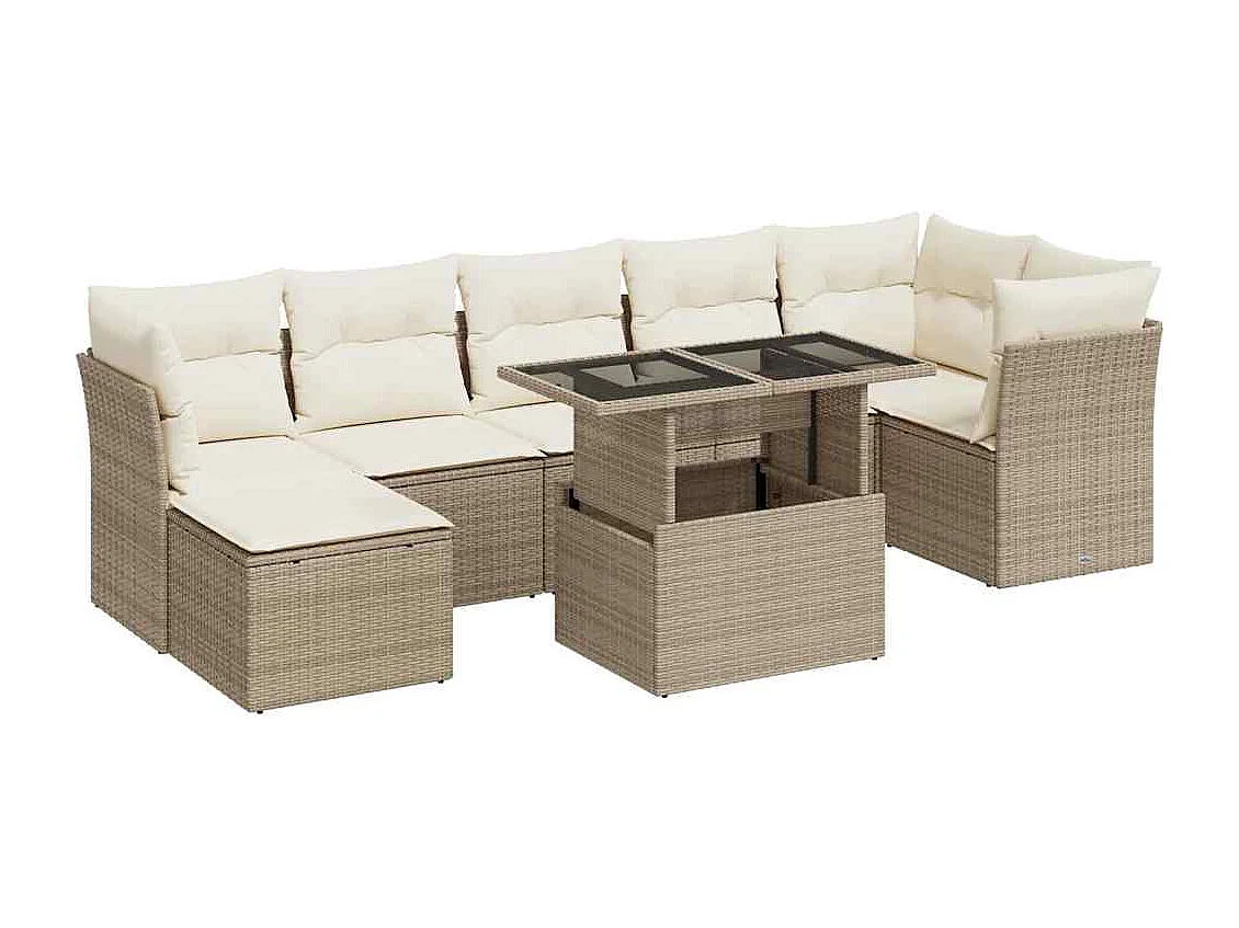 8 pcs conjunto de sofás p/ jardim com almofadões vime PE bege