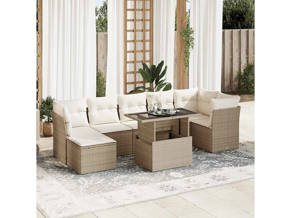 8 pcs conjunto de sofás p/ jardim com almofadões vime PE bege