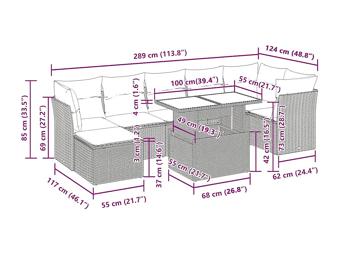 8 pcs conjunto de sofás p/ jardim com almofadões vime PE bege