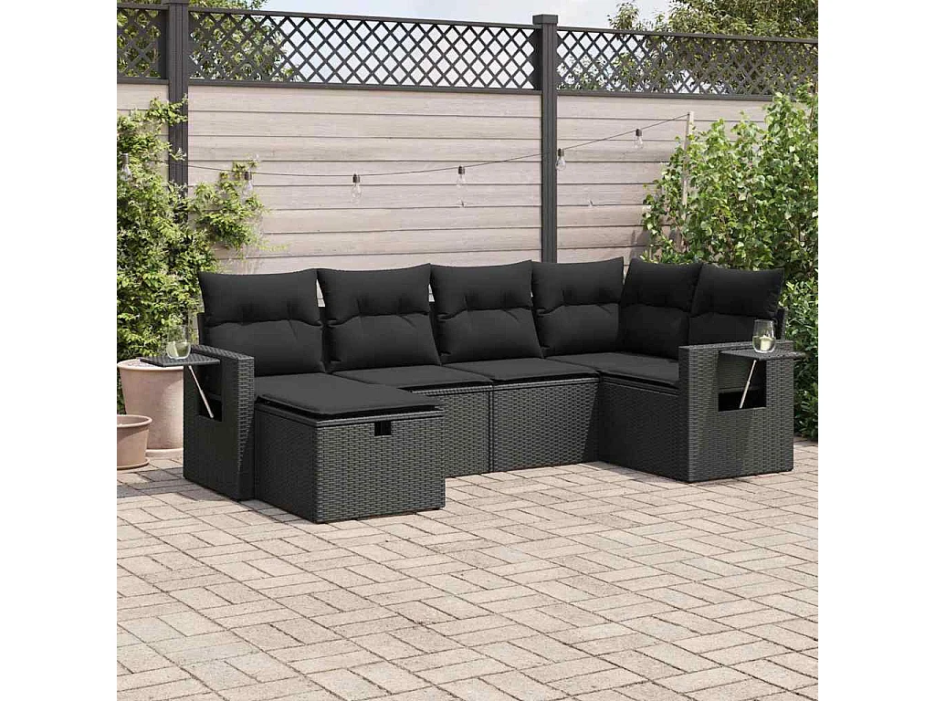 Salon de jardin 6 pcs avec coussins noir résine tressée