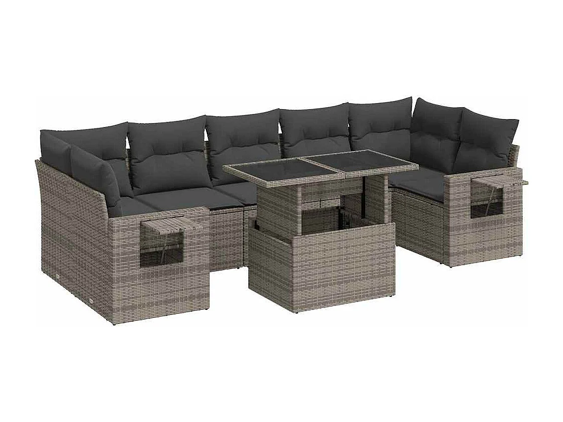 8-tlg. Garten-Sofagarnitur mit Kissen Grau Poly Rattan
