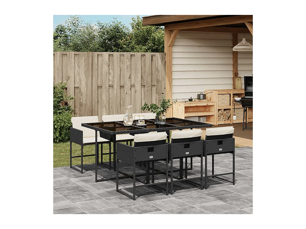 Ensemble à manger de jardin coussins 7pcs Noir Résine tressée