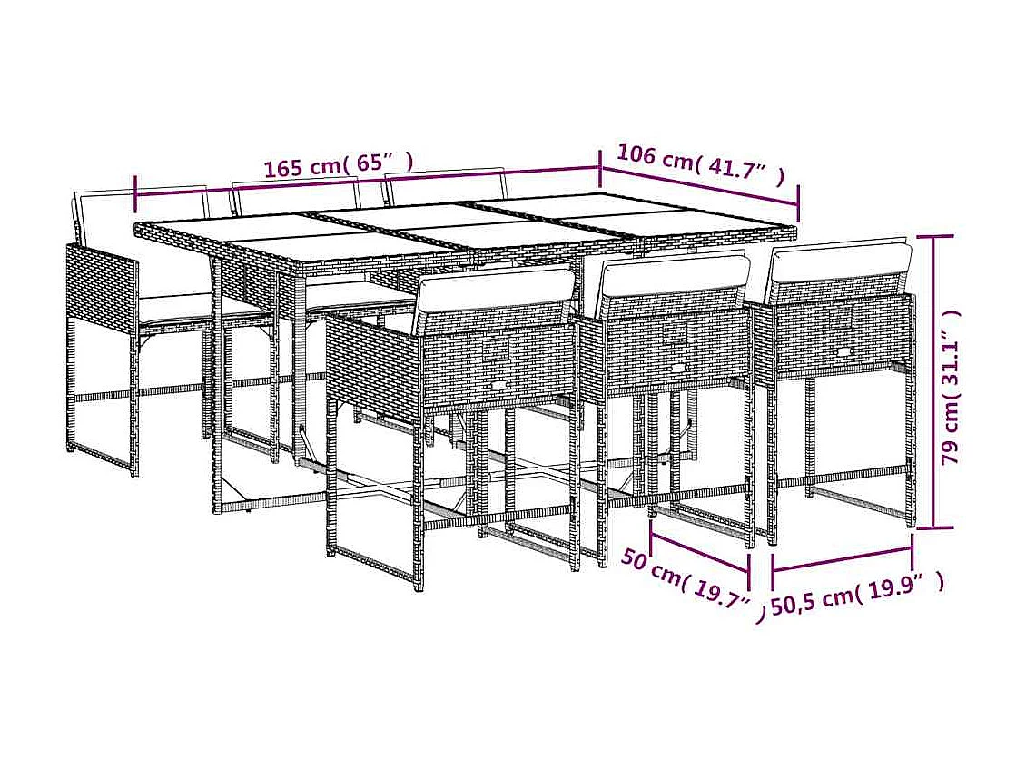 Ensemble à manger de jardin coussins 7pcs Noir Résine tressée
