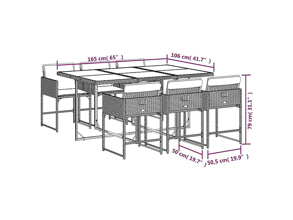 Ensemble à manger de jardin coussins 7pcs Noir Résine tressée