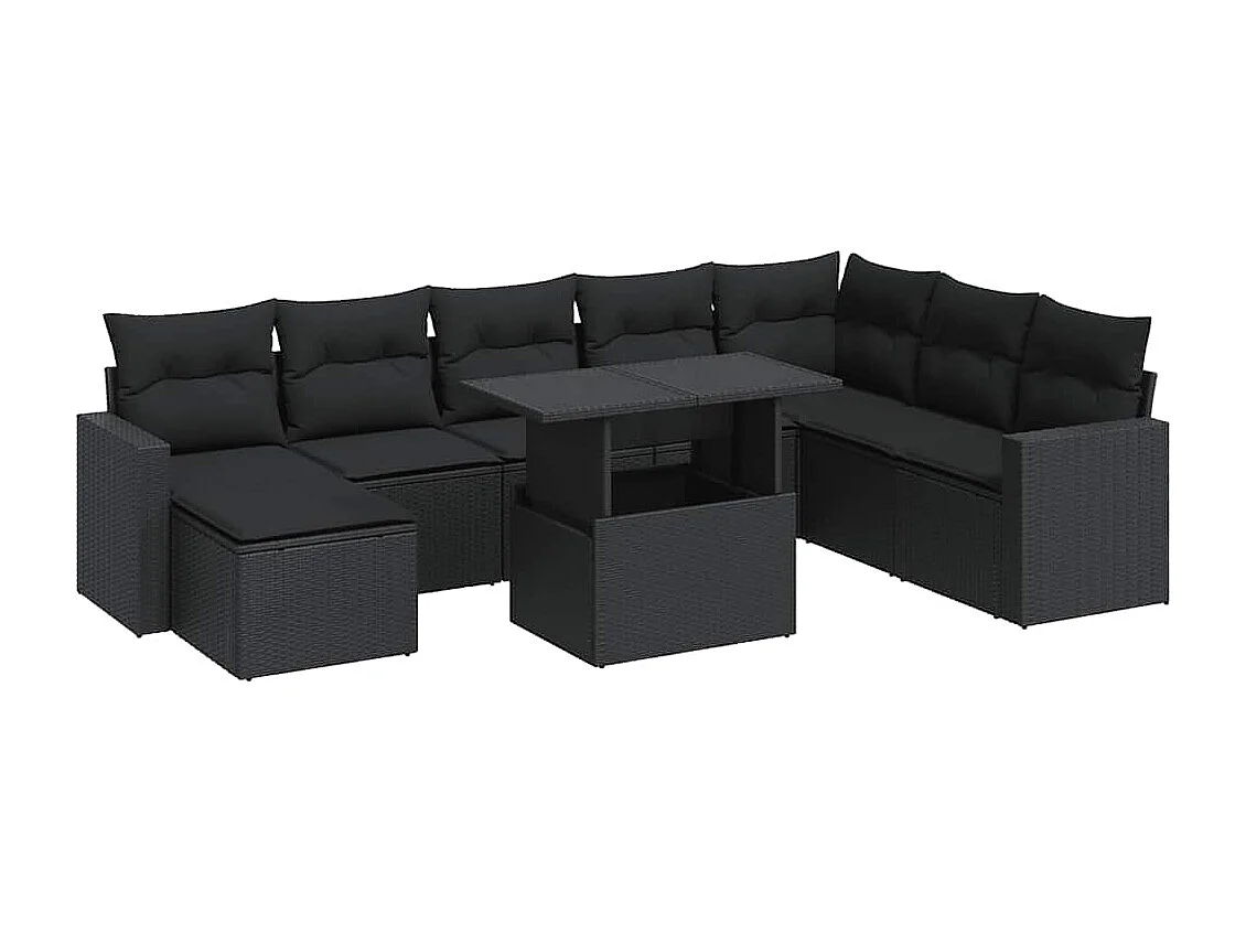 9-delige Loungeset met kussens poly rattan zwart
