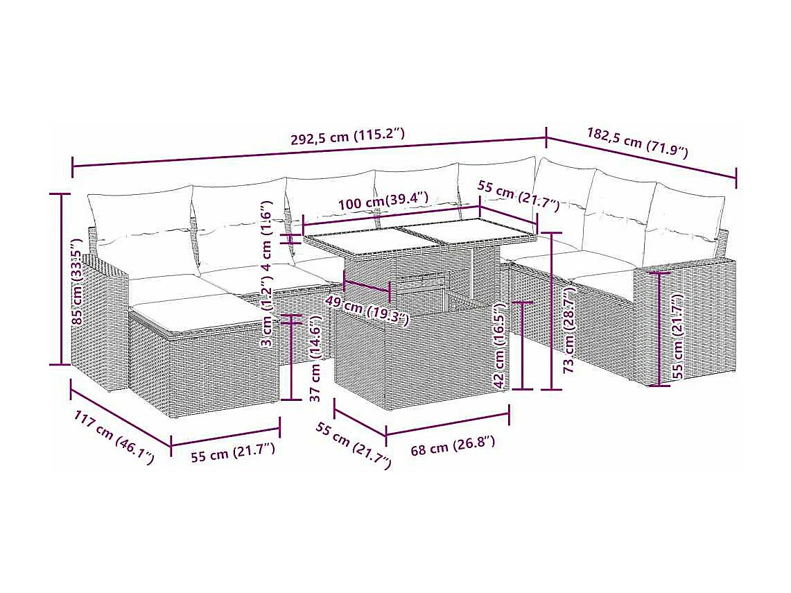 9-delige Loungeset met kussens poly rattan zwart