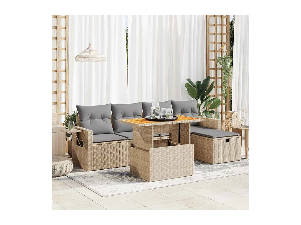 Salon de jardin 6 pcs avec coussins beige résine tressée acacia
