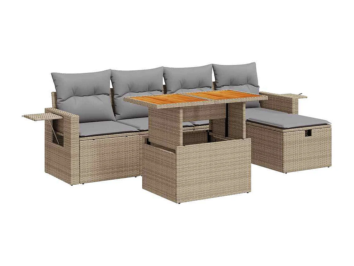 Salon de jardin 6 pcs avec coussins beige résine tressée acacia