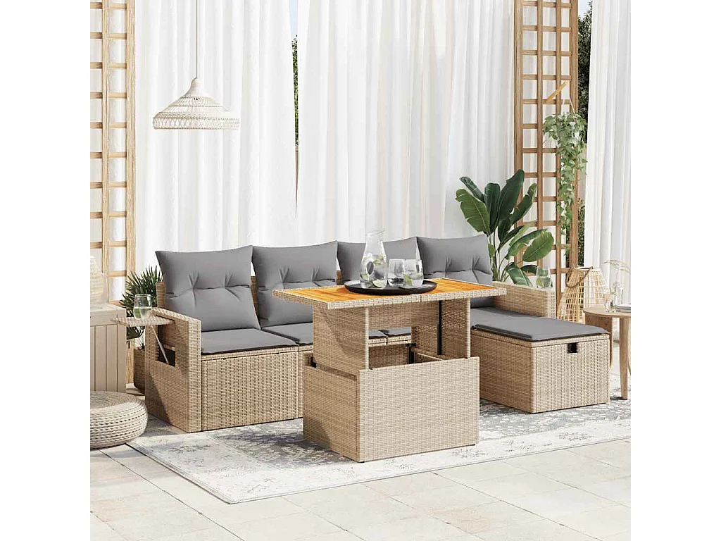 Salon de jardin 6 pcs avec coussins beige résine tressée acacia