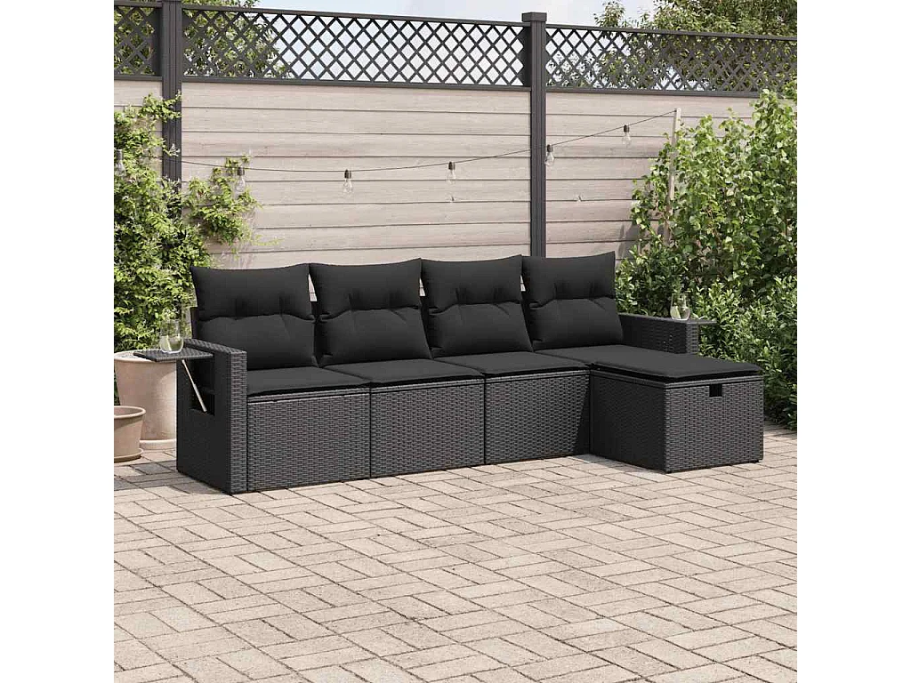 Salon de jardin 5 pcs avec coussins noir résine tressée