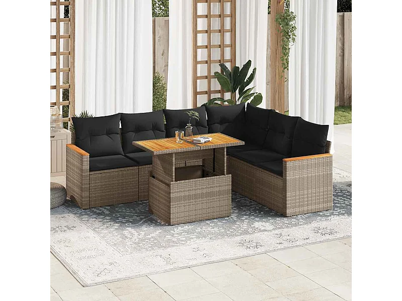 Salon de jardin avec coussins 7 pcs gris résine tressée acacia