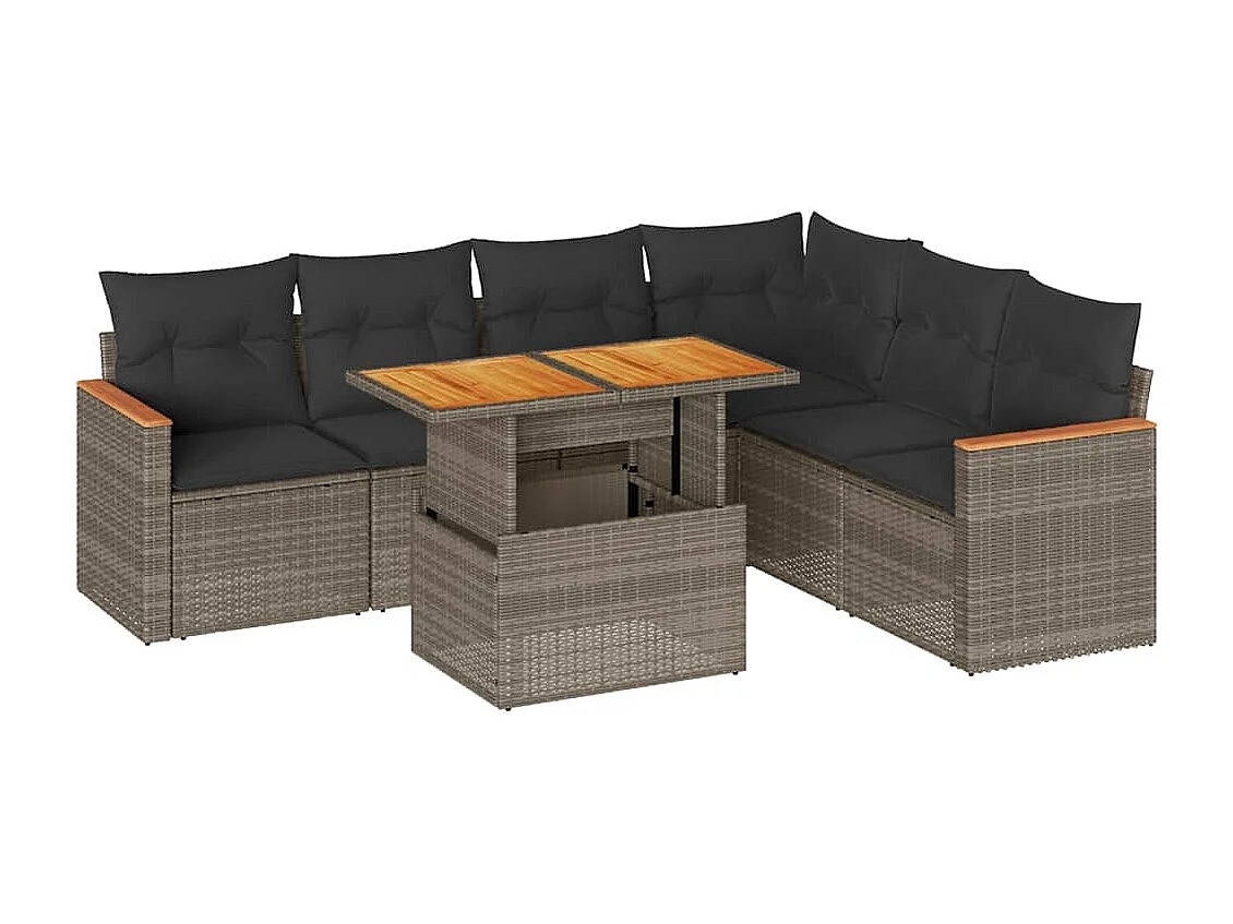 7-delige Loungeset met kussens poly rattan acacia grijs