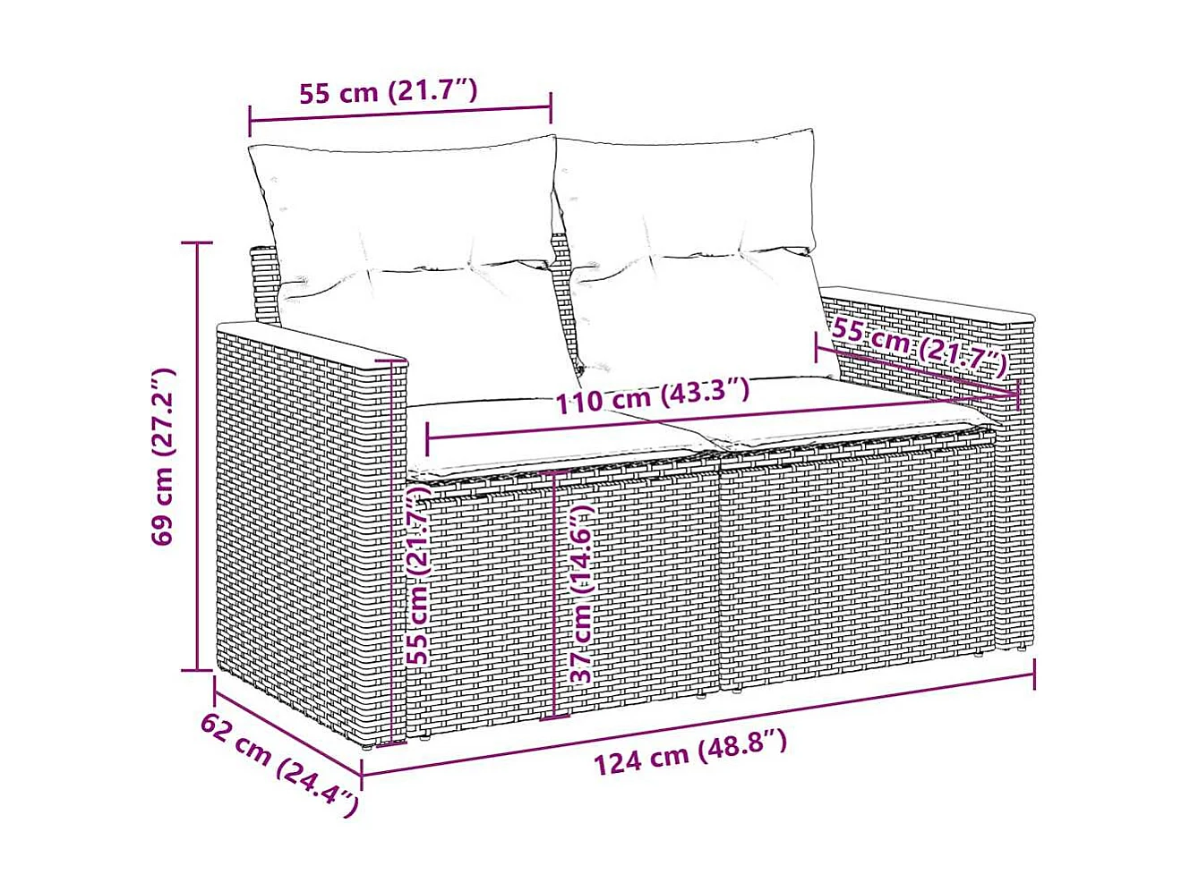 7-delige Loungeset met kussens poly rattan acacia grijs
