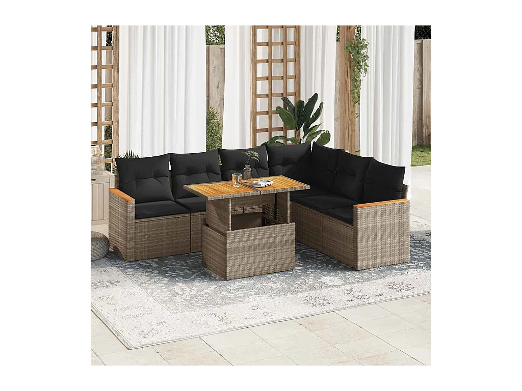 7-tlg. Garten-Sofagarnitur mit Kissen Grau Poly Rattan Akazie