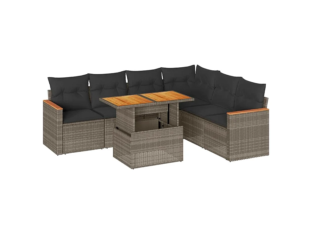 7-delige Loungeset met kussens poly rattan acacia grijs