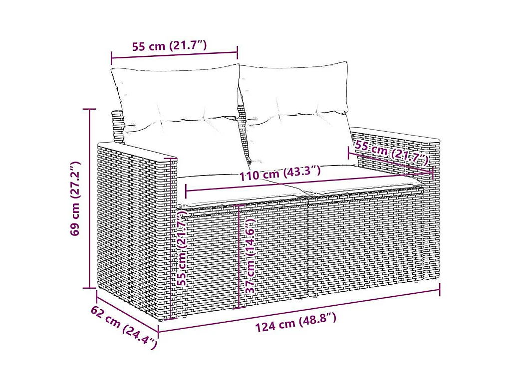 7-delige Loungeset met kussens poly rattan acacia grijs