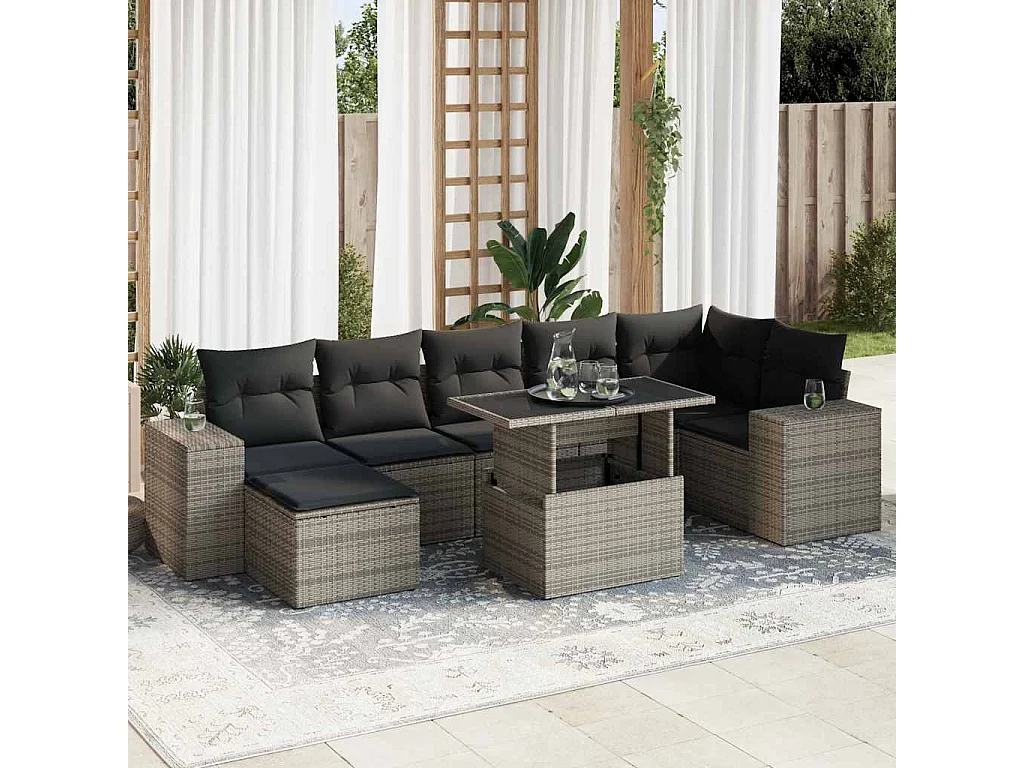 Salon de jardin 8 pcs avec coussins gris résine tressée