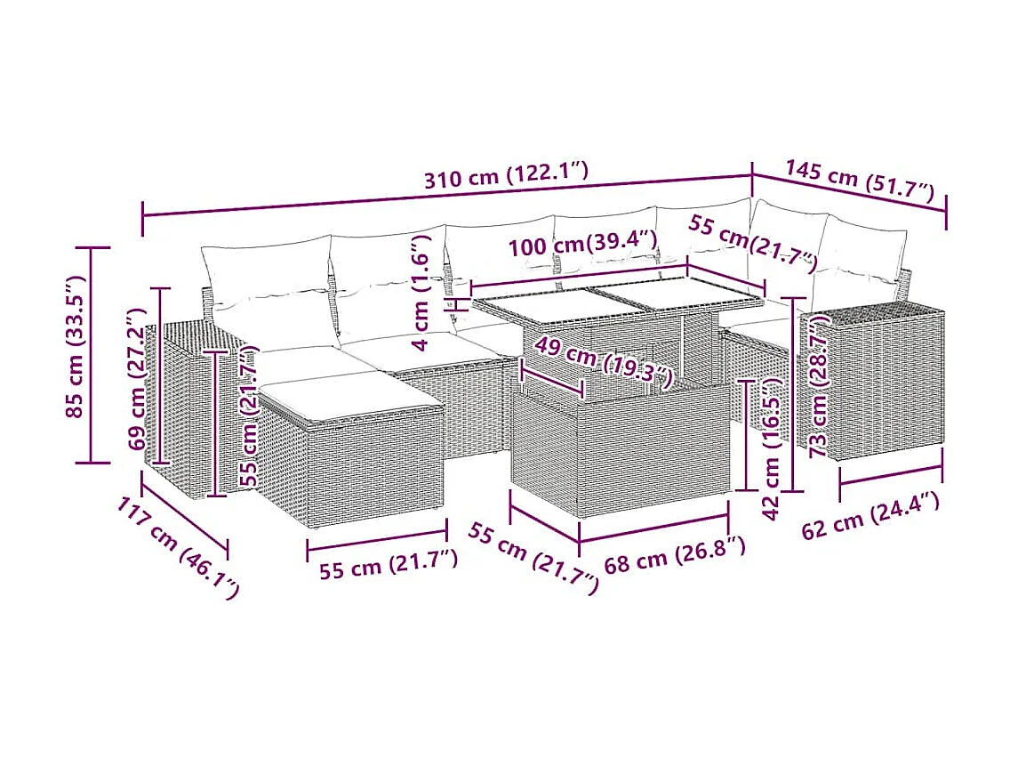 Salon de jardin 8 pcs avec coussins gris résine tressée