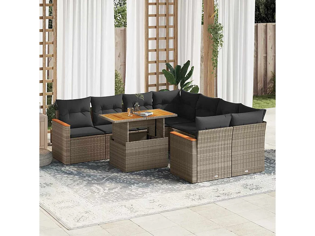 Salon de jardin avec coussins 9 pcs gris résine tressée acacia
