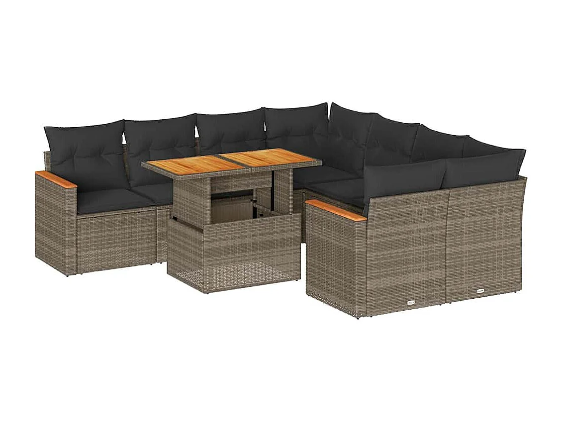 Salon de jardin avec coussins 9 pcs gris résine tressée acacia