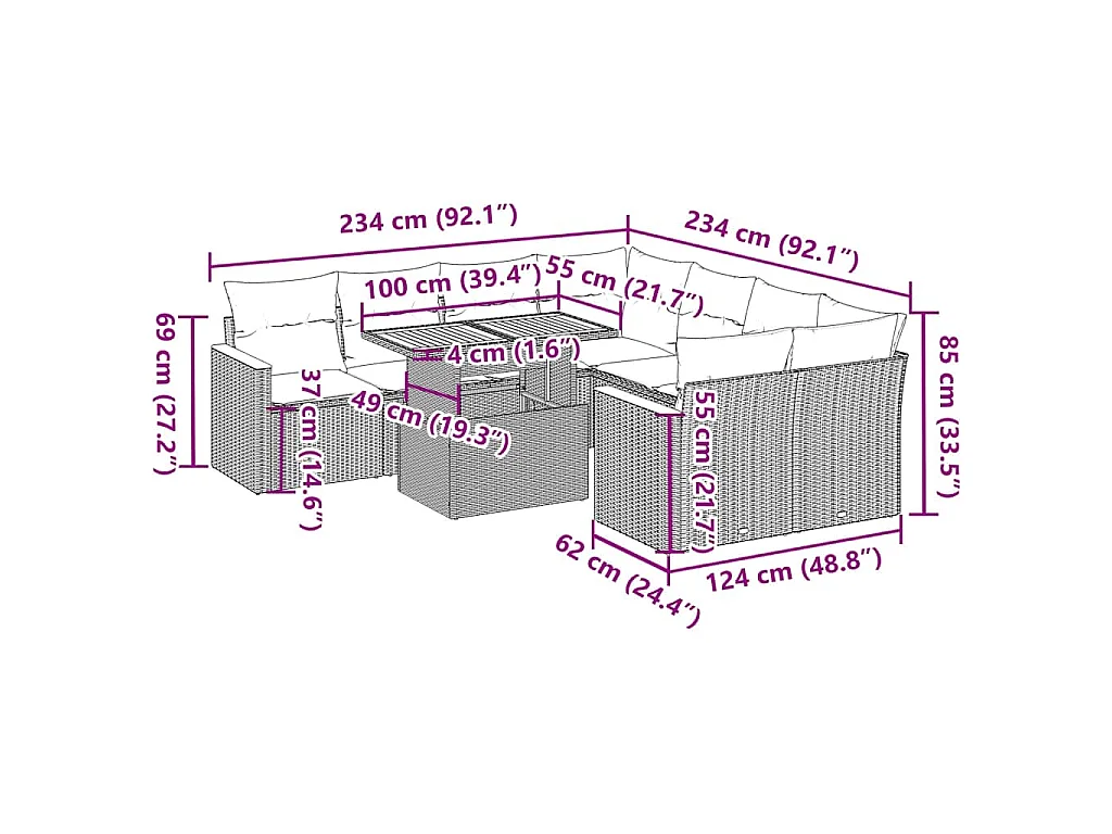 Set Divano da Giardino 9pz con Cuscini Grigio Polyrattan Acacia