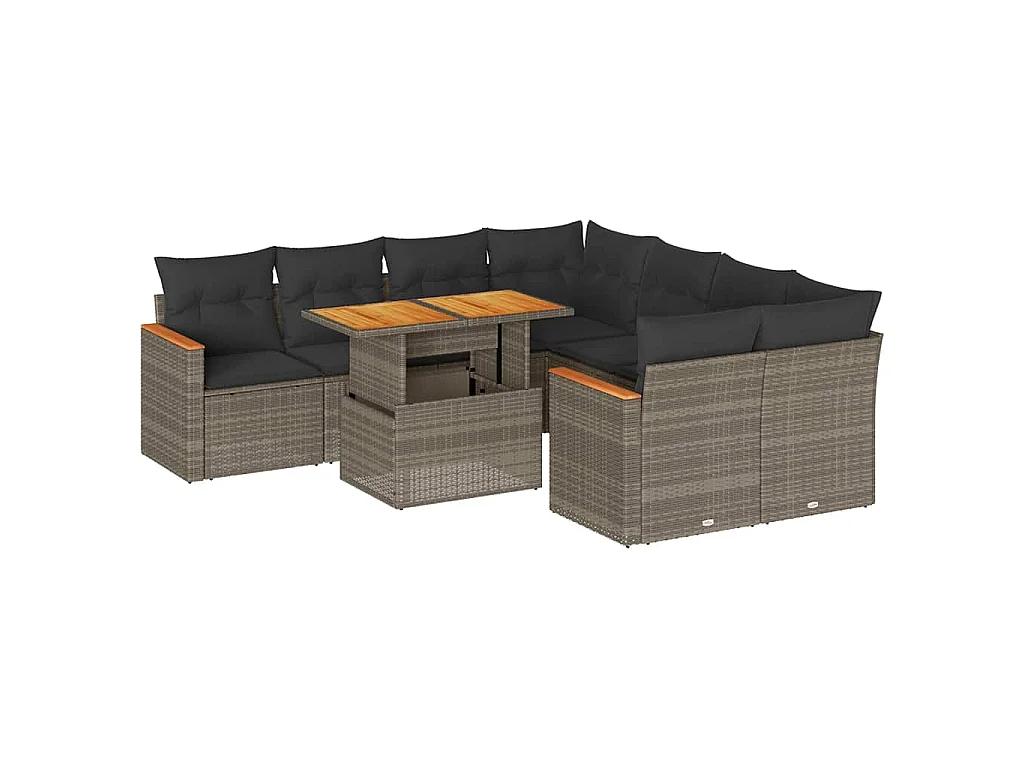 Set Divano da Giardino 9pz con Cuscini Grigio Polyrattan Acacia