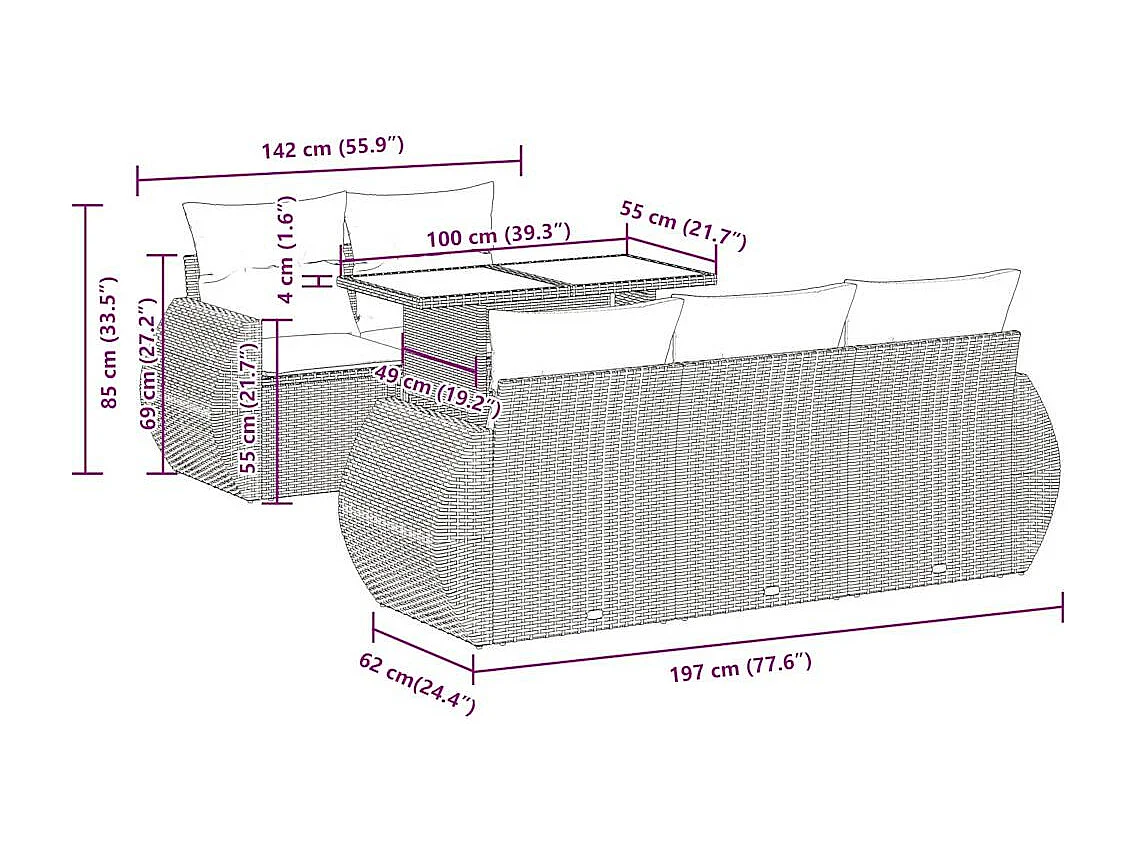 Salon de jardin 6 pcs avec coussins gris résine tressée
