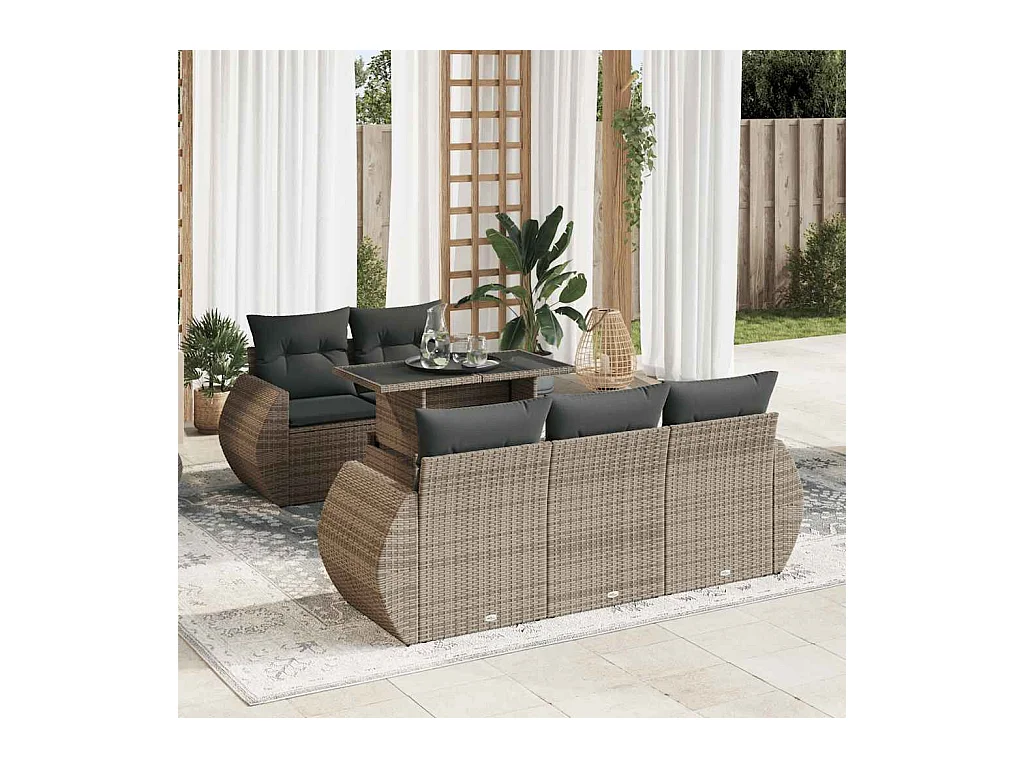 6-delige Loungeset met kussens poly rattan grijs