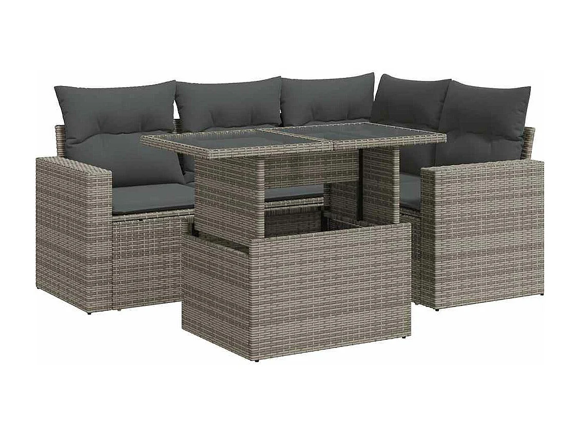 Salon de jardin 5 pcs avec coussins gris résine tressée
