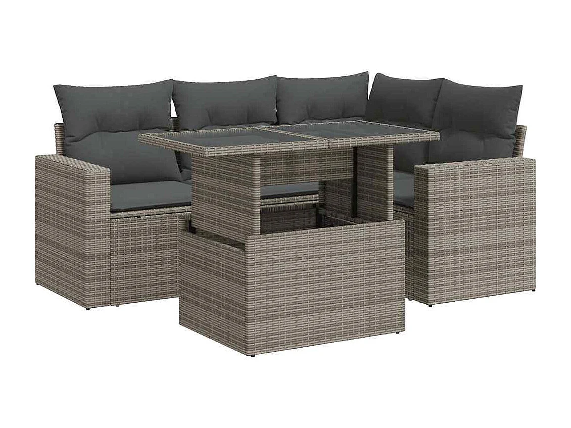 5 pcs conjunto sofás de jardim c/ almofadões vime PE cinzento
