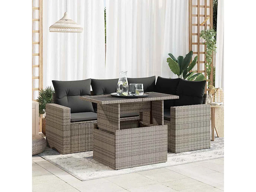 5 pcs conjunto sofás de jardim c/ almofadões vime PE cinzento