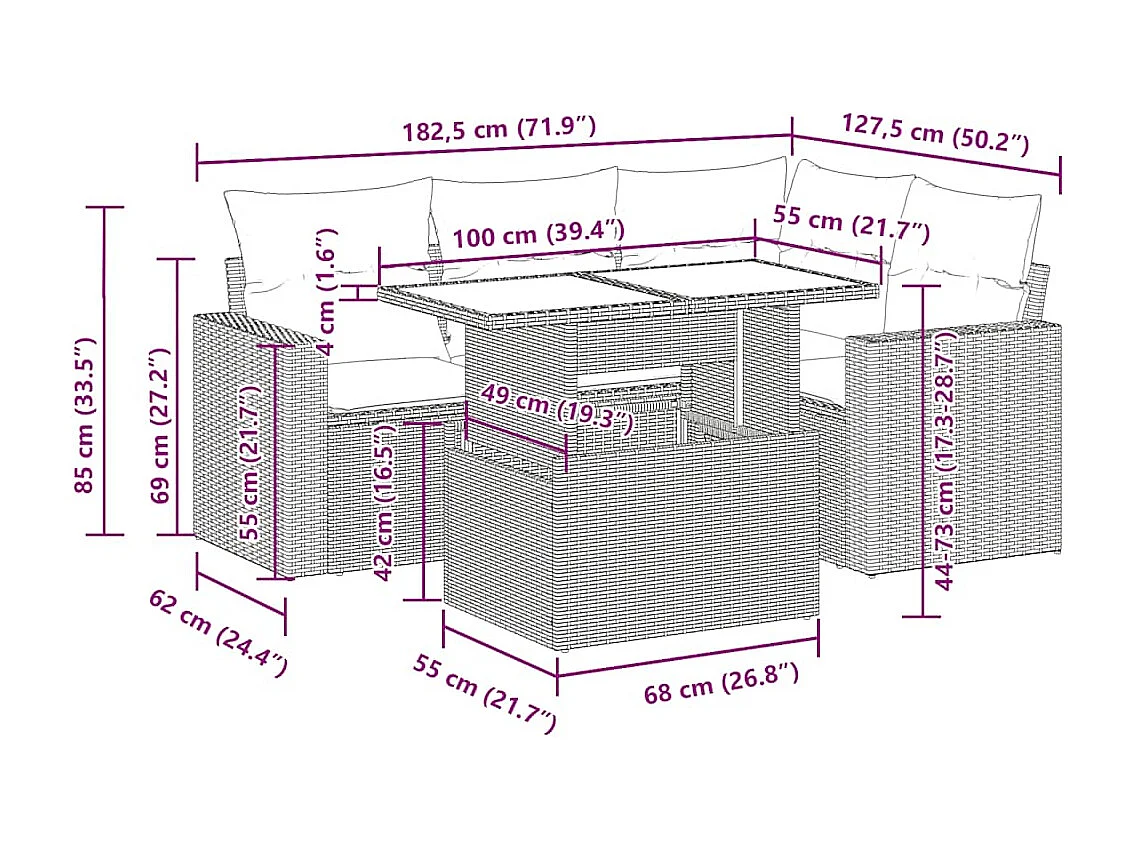 5 pcs conjunto sofás de jardim c/ almofadões vime PE cinzento