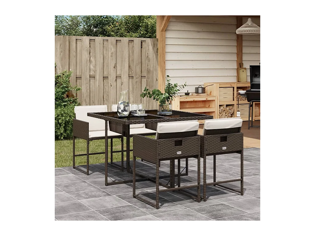 5-tlg. Garten-Essgruppe mit Kissen Braun Poly Rattan