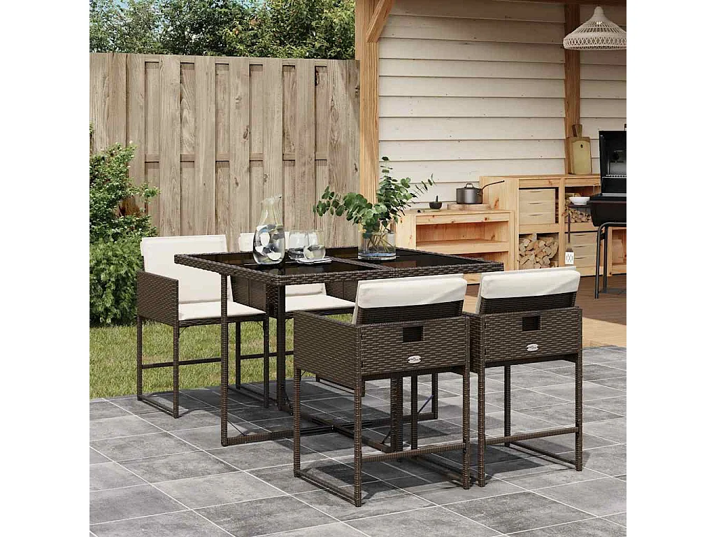 Ensemble à manger de jardin 5 pcs et coussins marron poly rotin
