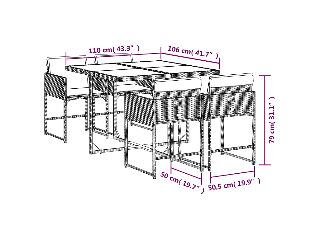 Ensemble à manger de jardin 5 pcs et coussins marron poly rotin