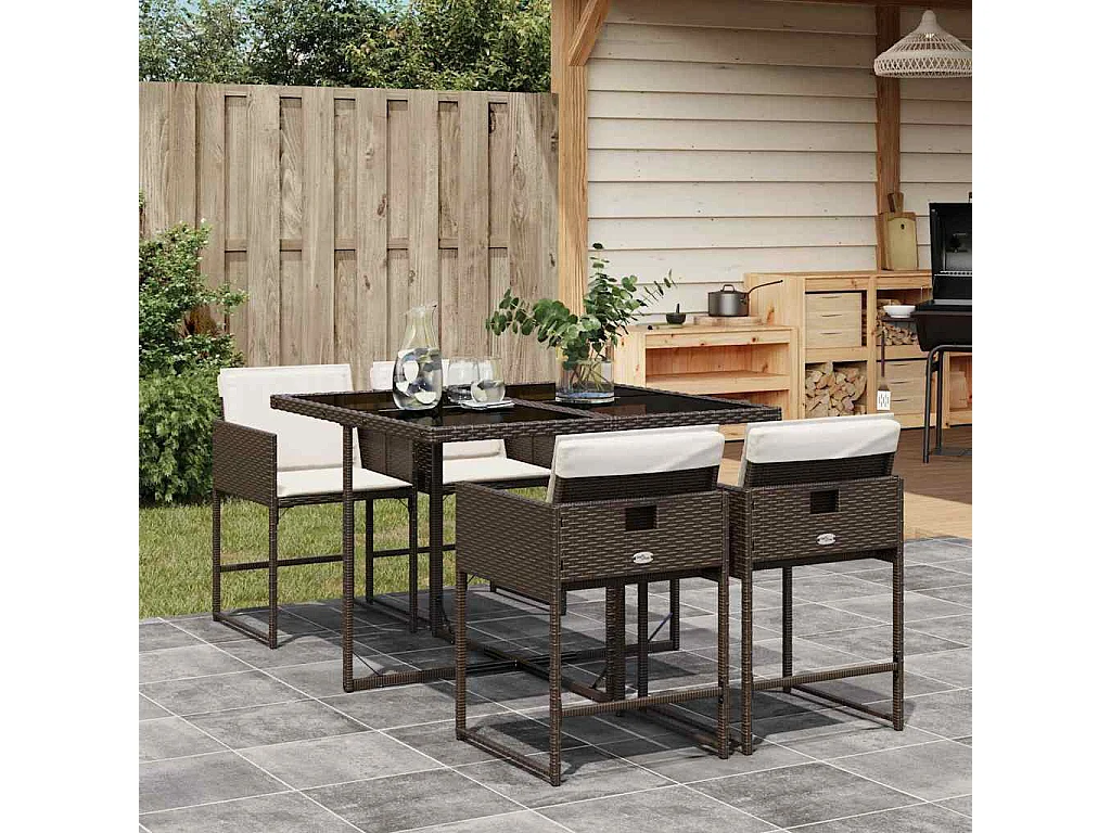 Ensemble à manger de jardin 5 pcs et coussins marron poly rotin