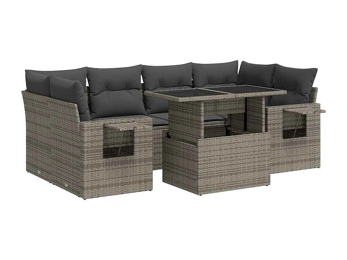 Salon de jardin avec coussins 7 pcs gris résine tressée