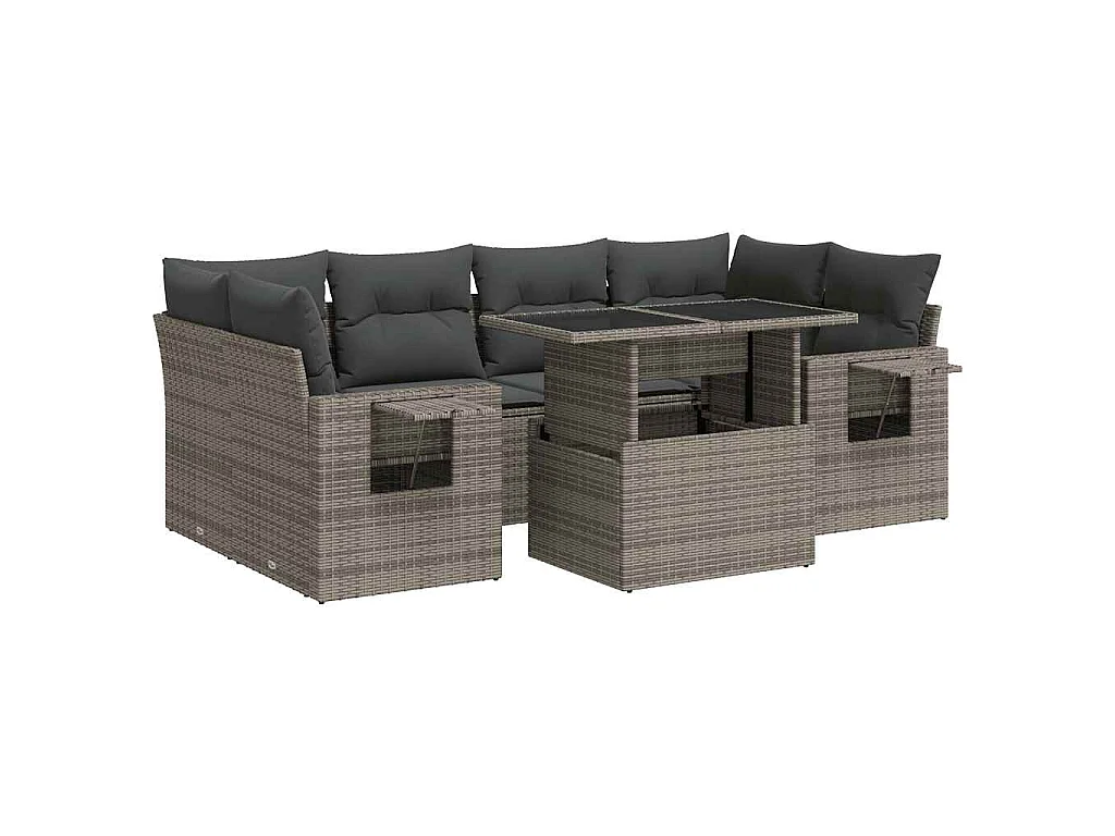 7-tlg. Garten-Sofagarnitur mit Kissen Grau Poly Rattan
