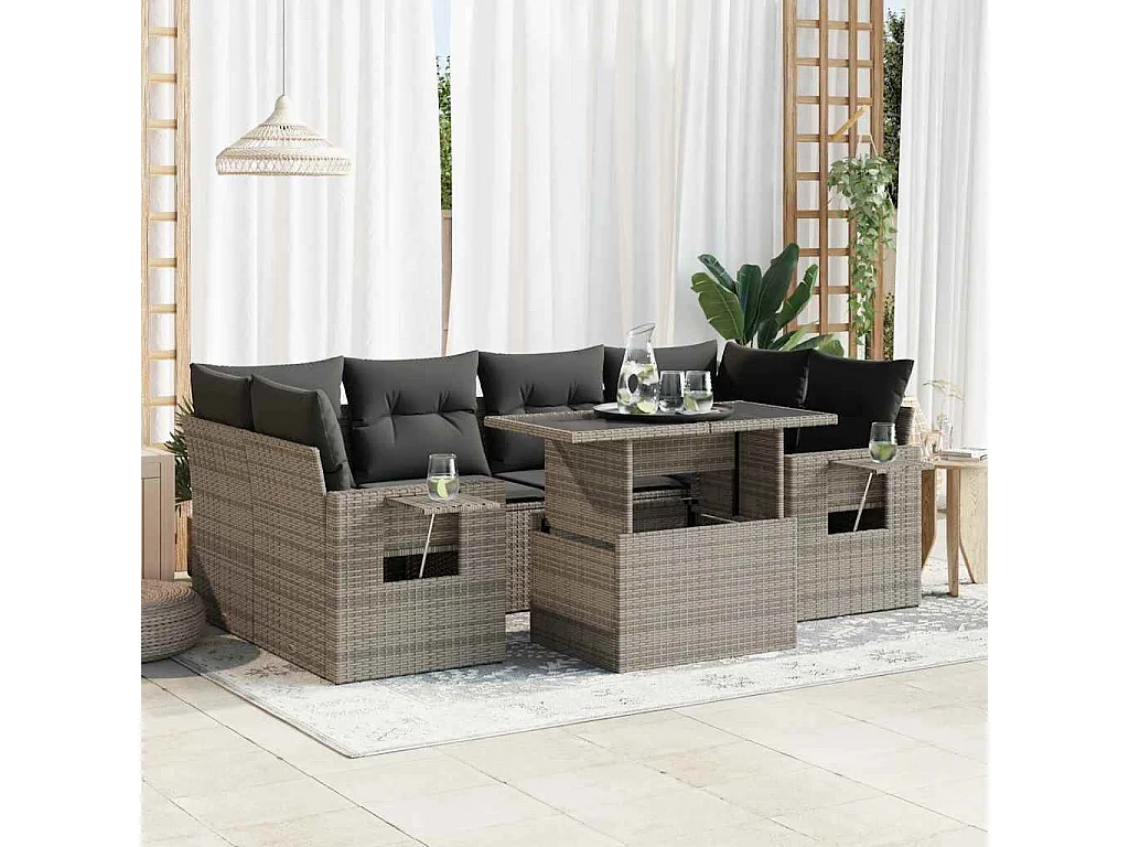 7-tlg. Garten-Sofagarnitur mit Kissen Grau Poly Rattan