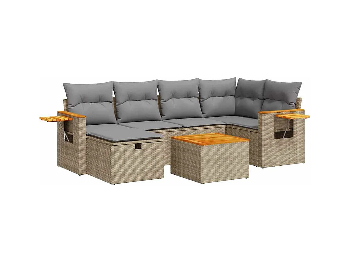 7-delige Loungeset met kussens poly rattan beige