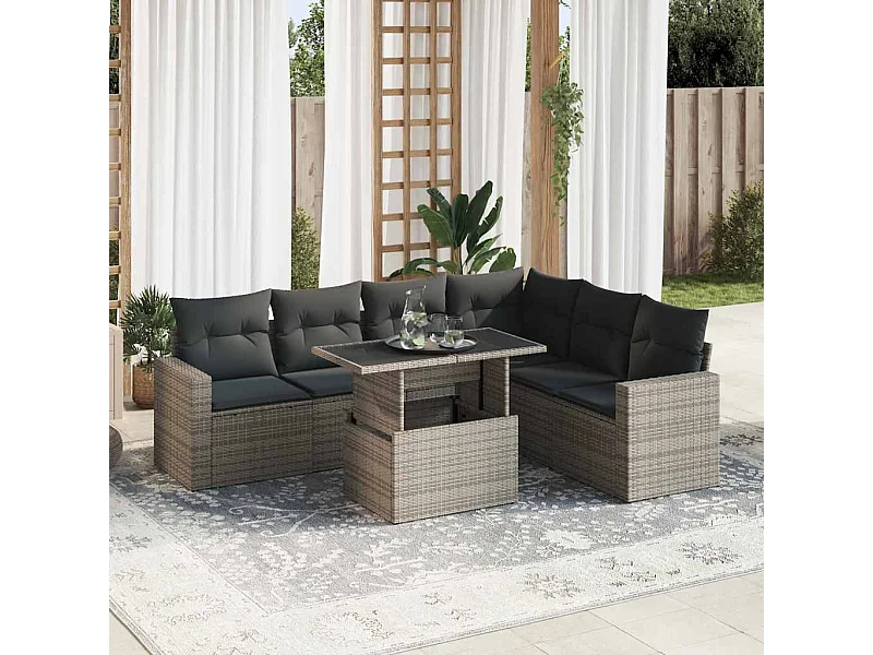 Salon de jardin avec coussins 7 pcs gris résine tressée