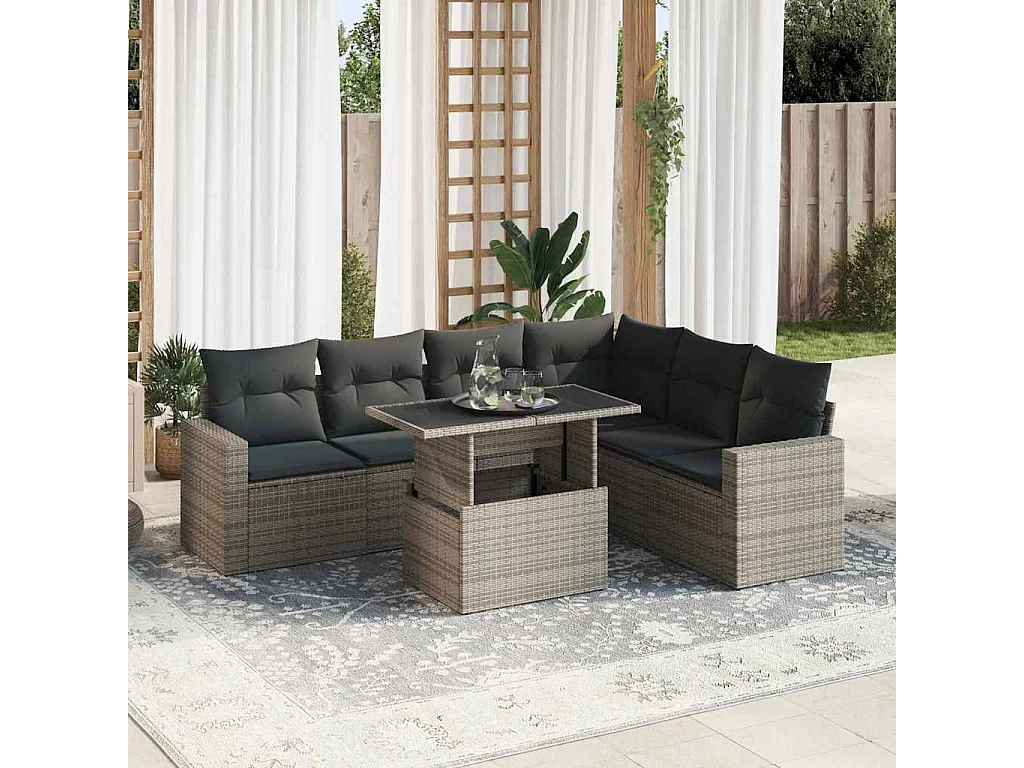 Salon de jardin avec coussins 7 pcs gris résine tressée