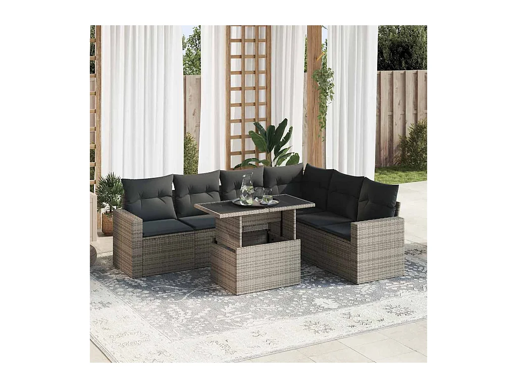 Salon de jardin avec coussins 7 pcs gris résine tressée