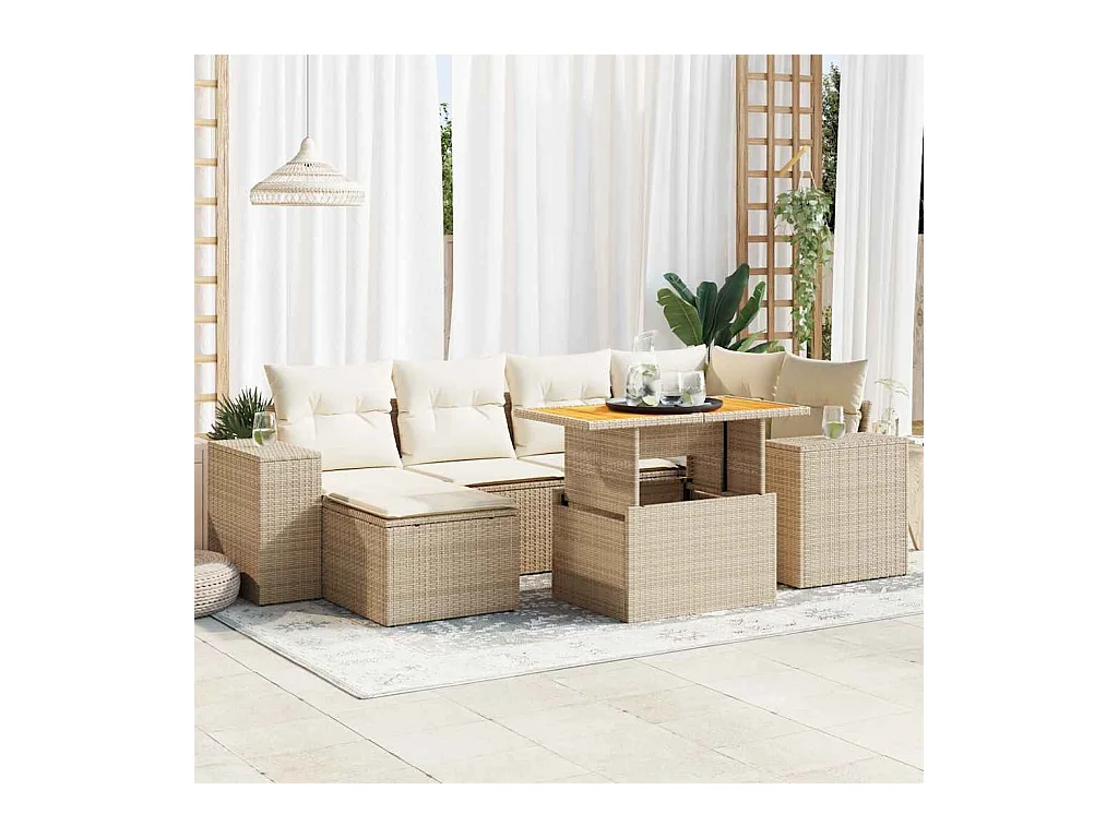 Salon de jardin avec coussins 7 pcs beige résine tressée