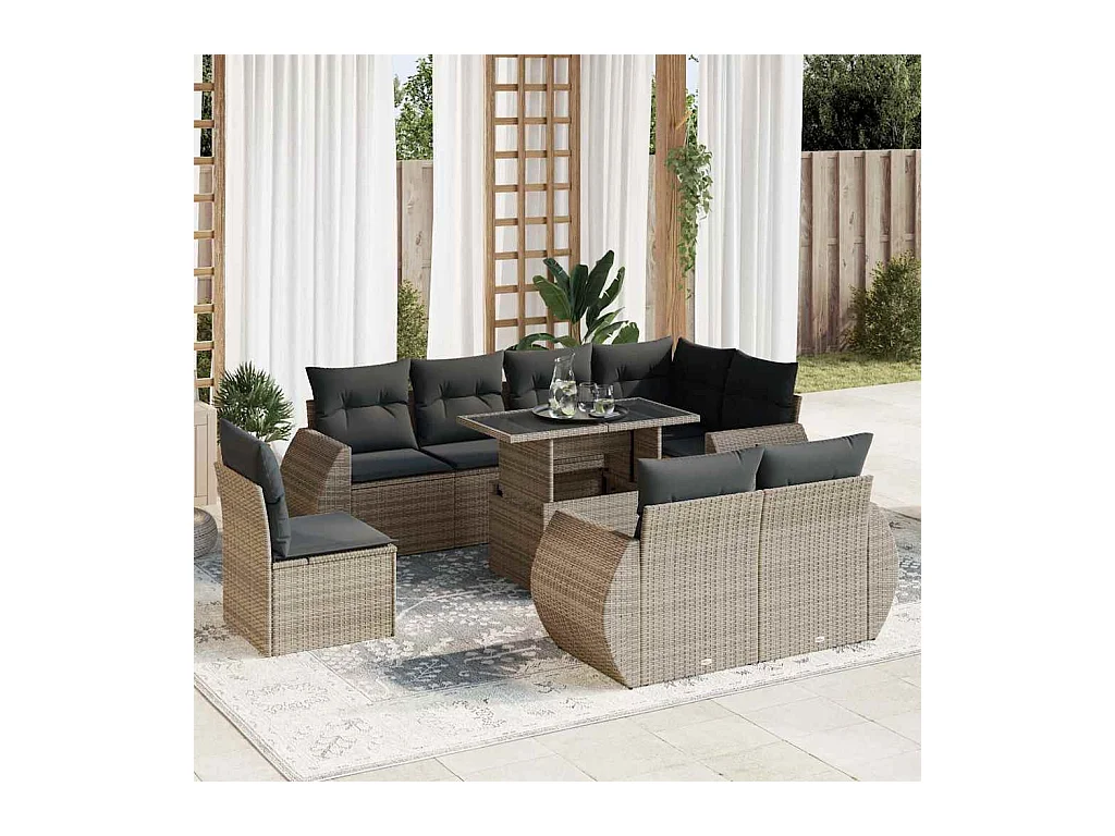 9-tlg. Garten-Sofagarnitur mit Kissen Grau Poly Rattan