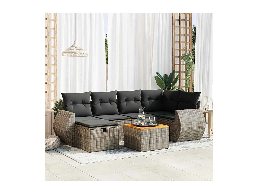 7-delige Loungeset met kussens poly rattan grijs