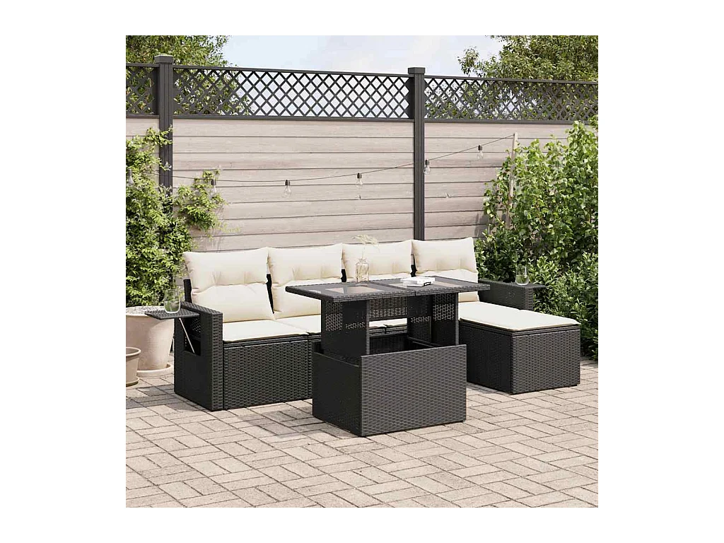 Salon de jardin 6 pcs avec coussins noir résine tressée